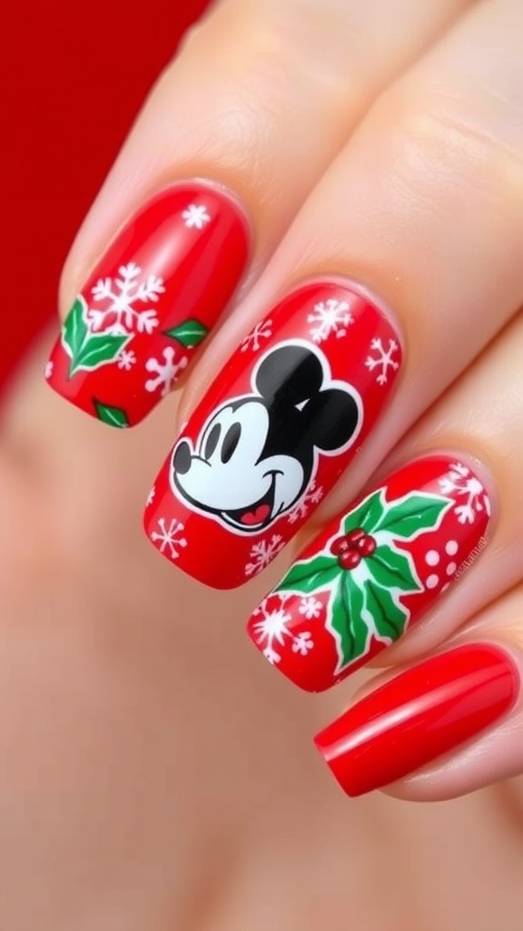 Mickey Mouse Christmas nail art with red background, snowflakes, and holly.